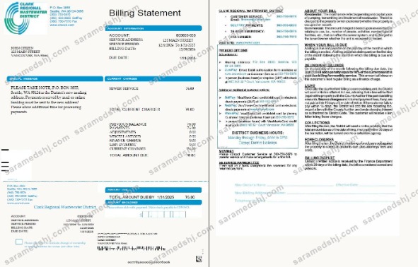 USA Clark Regional Wastewater District utility bill template in Word and PDF formats, 2 pages